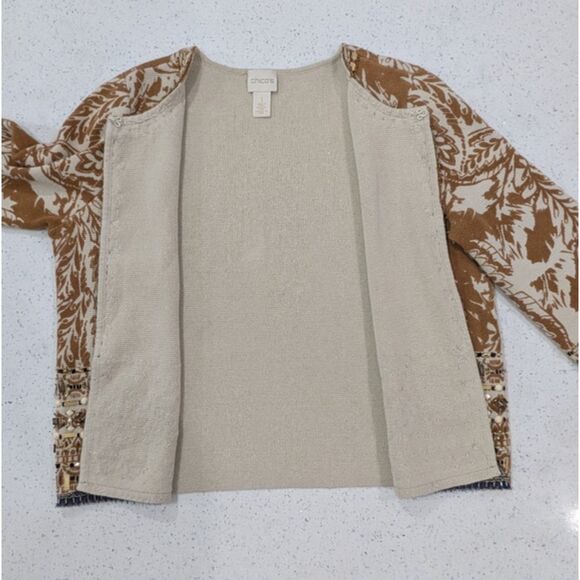 Chico's Tan Brown Open Front Crop Cardigan Sweater 3/4 Sleeve Embellished M/8 - Picture 7 of 11